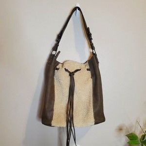 Boho Brown fuax Leather cream sherpa  Bucket shoulder cross body bag